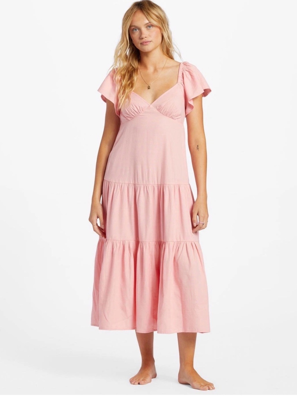 Billabong Last Light Dress Pink Size Large Flutter Sleeve Midi Boho